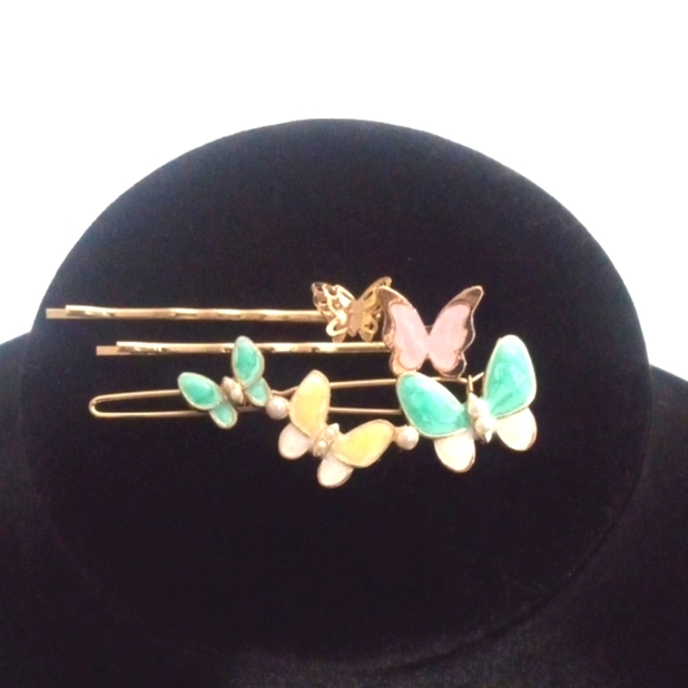 ENAMEL BUTTERFLY TRIO HAIR CLIPS  GOLDTONE PASTEL ACCENTS 3-PIECE HAIRPINS NWT